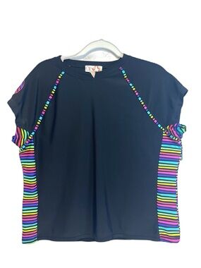 OP Black Short-Sleeve Rash Guard with Neon Rainbow Stripes